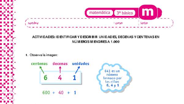 Identificar y describir unidades, decenas y centenas en números menores a 1000