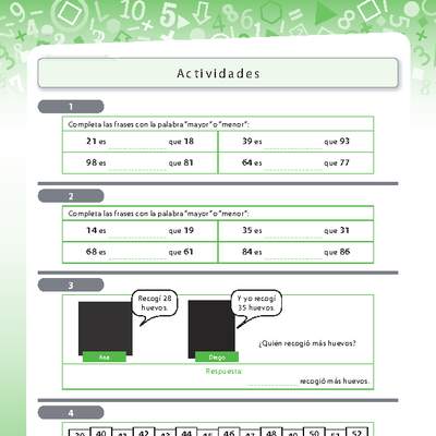 Actividades comparar y ordenar cifras