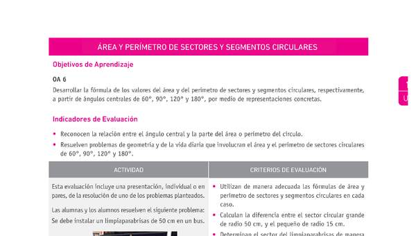 Evaluación Programas - MA1M OA06 - U2 - ÁREA Y PERÍMETRO DE SECTORES Y SEGMENTOS CIRCULARES