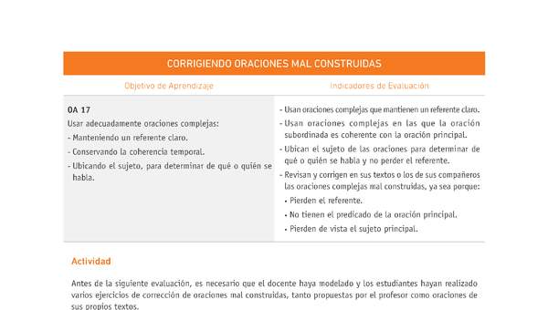 Evaluación Programas - LE08 OA17 - U3 - CORRIGIENDO ORACIONES MAL CONSTRUIDAS