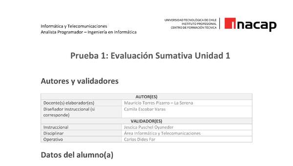 Prueba 1: Evaluación Sumativa Unidad 1