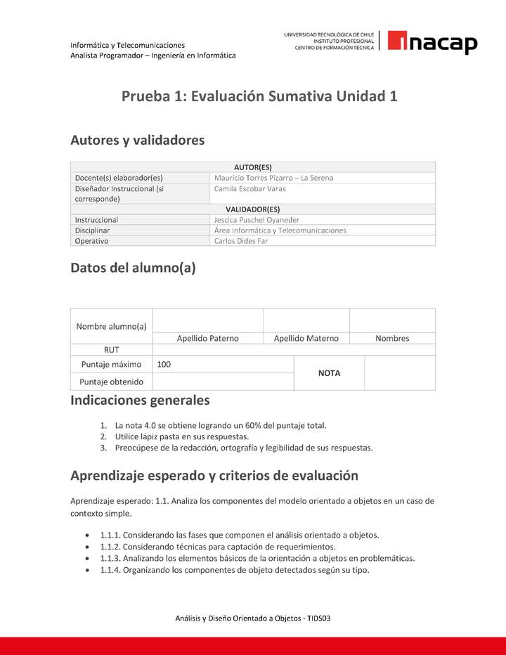 Prueba 1: Evaluación Sumativa Unidad 1