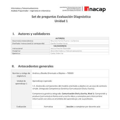 Set de preguntas Evaluación Diagnóstica Unidad 1