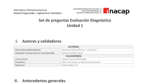 Set de preguntas Evaluación Diagnóstica Unidad 1