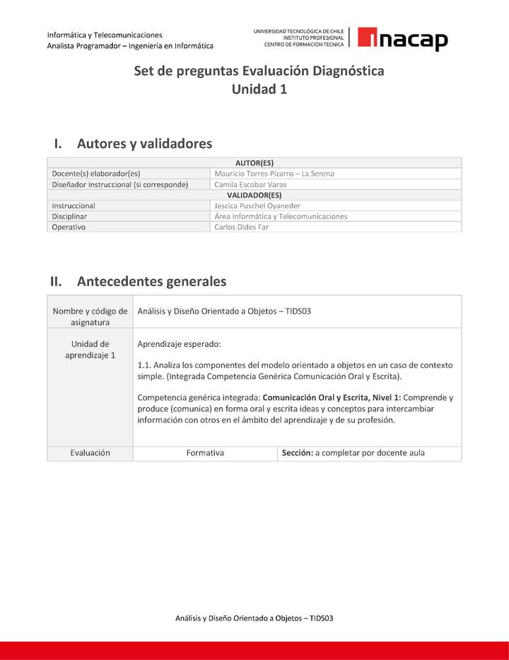 Set de preguntas Evaluación Diagnóstica Unidad 1