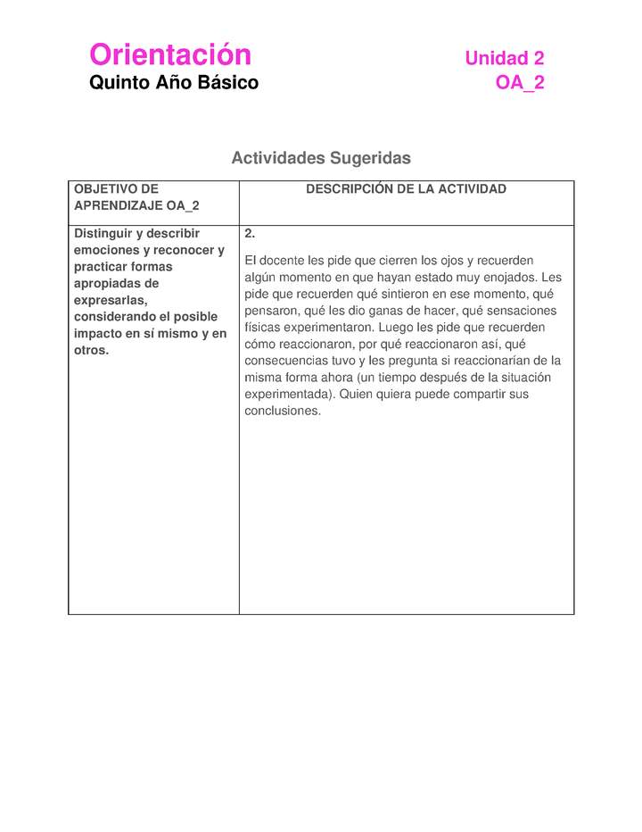 Actividad sugerida: Orientación 5° básico  OA02 Actividad 2