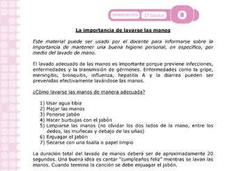 Actividad: Higiene La importancia de lavarse las manos Orientación 1º y 2º básico OA4