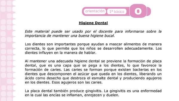 Actividad: Higiene dental Orientación 1º y 2º básico OA4