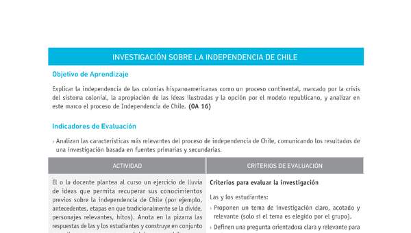 Evaluación Programas - HI08 OA16 - U3 - INVESTIGACIÓN SOBRE LA INDEPENDENCIA DE CHILE