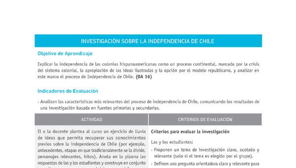 Evaluación Programas - HI08 OA16 - U3 - INVESTIGACIÓN SOBRE LA INDEPENDENCIA DE CHILE