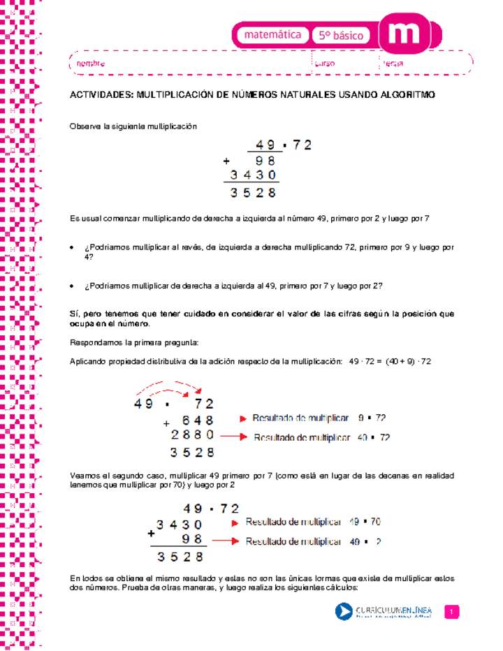 Multiplicacion De Numeros Naturales Usando Algoritmo Curriculum