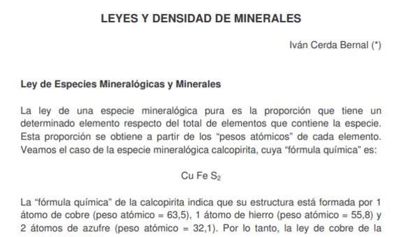 Leyes y densidad de minerales, Cerda, I. SONAMI.