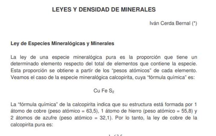 Leyes y densidad de minerales, Cerda, I. SONAMI.