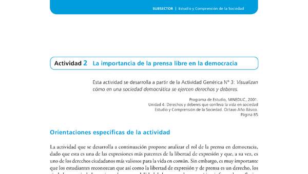 Actividad de Educación Ciudadana: Historia, Geografía y Ciencias Sociales 8º básico - La importancia de la prensa libre en la democracia