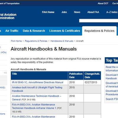 Federal Aviation Administration –FAA. Manuales técnicos aeronaves