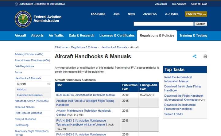 Federal Aviation Administration –FAA. Manuales técnicos aeronaves