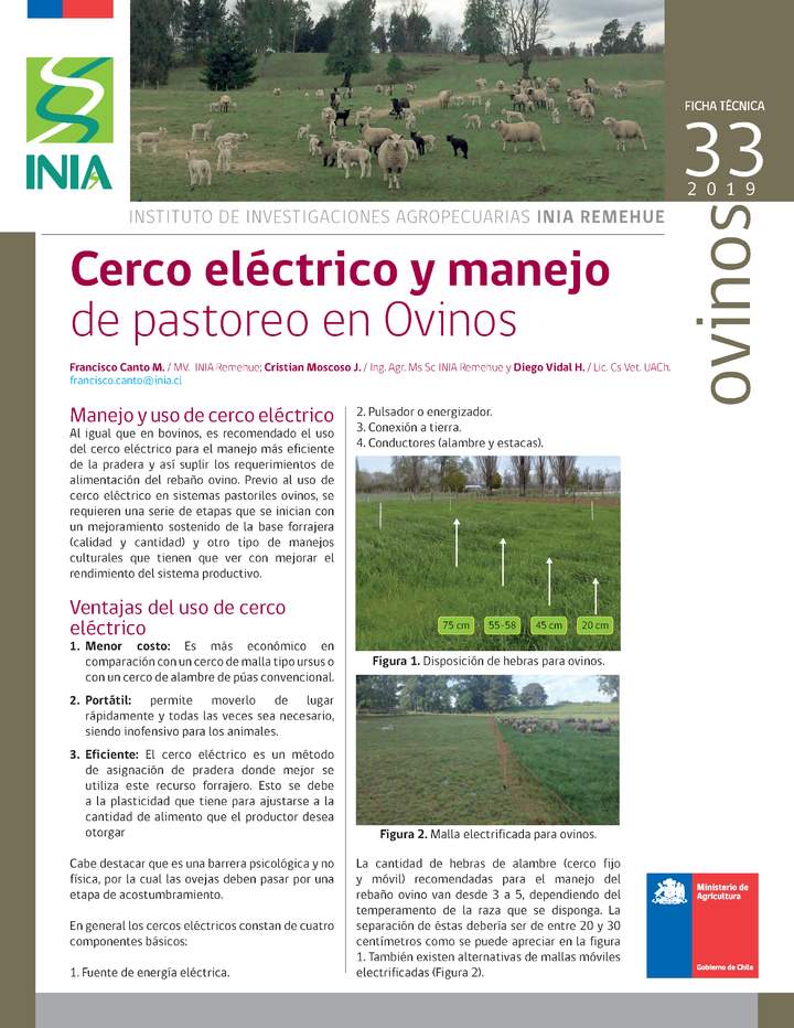 Ficha cerco eléctrico y manejo de pastoreo de ovinos, INIA