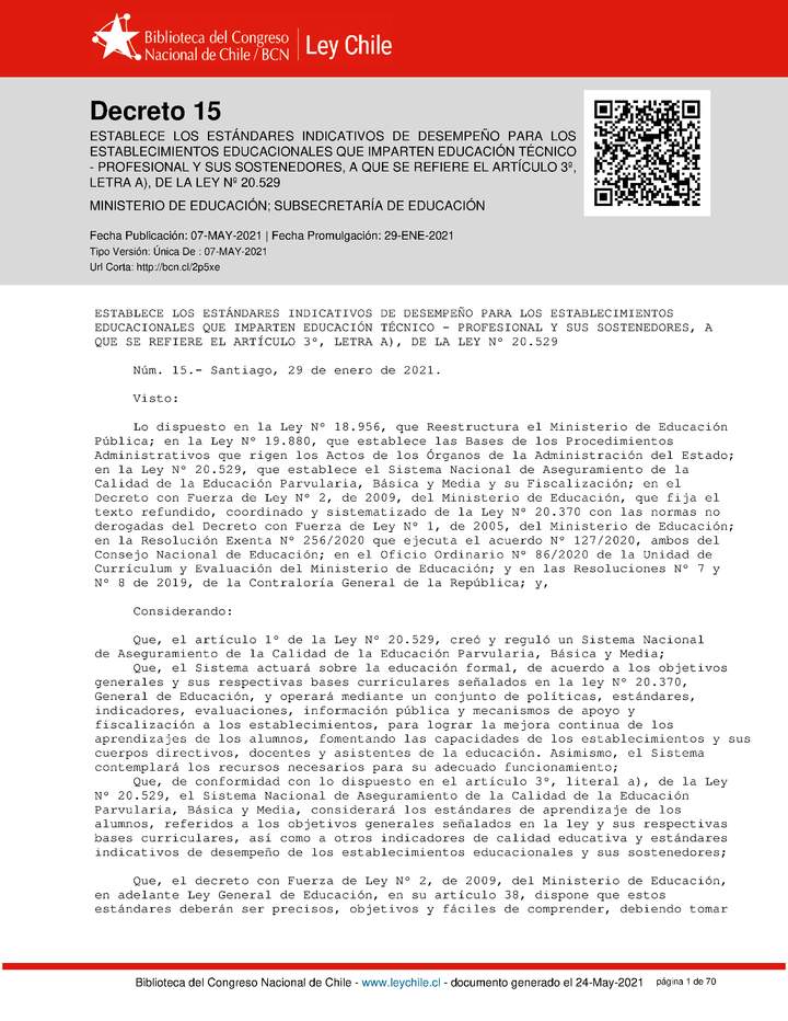 Decreto 15 (Establece Estándares Indicativos de Desempeño para los Establecimientos Educacionales que imparten Educación Técnico Profesional y sus Sostenedores)