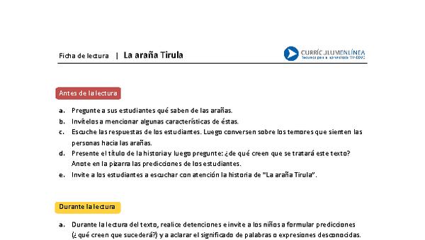 Ficha de lectura "La araña Tirula"