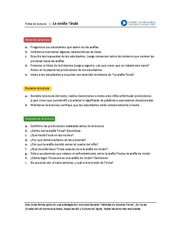 Ficha de lectura "La araña Tirula"