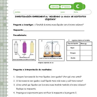 Midiendo la masa de distintos líquidos