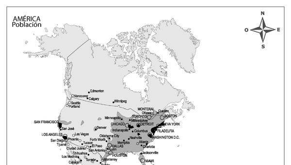 Mapa de América con sus principales ciudades y la cantidad de población