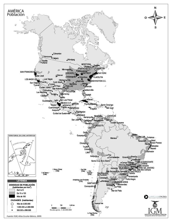 Mapa de América con sus principales ciudades y la cantidad de población