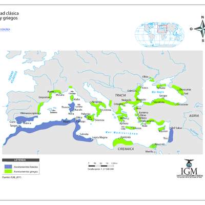 Mapa griegos y fenicios en el Mediterráneo