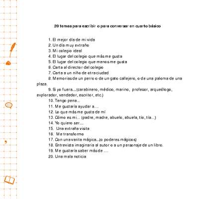 20 temas para escribir o conversar en cuarto básico