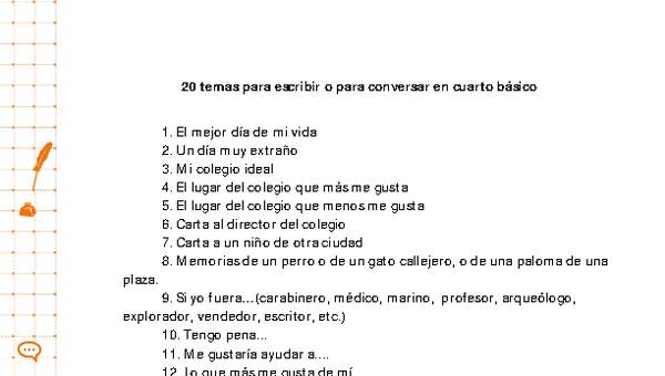 20 temas para escribir o conversar en cuarto básico