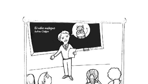 Ilustración de un niño narrando el cuento "El niño maligno"