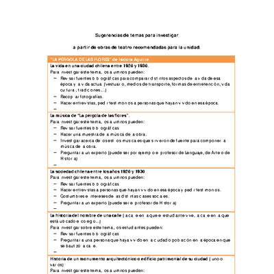 Sugerencias de temas para investigar a partir de obras de teatro recomendadas para la unidad