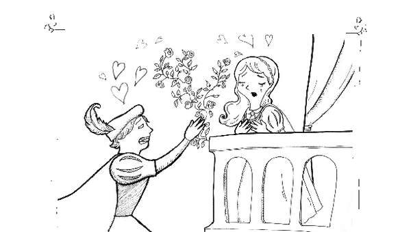 Ilustración: escena de Romeo y Julieta en el balcón
