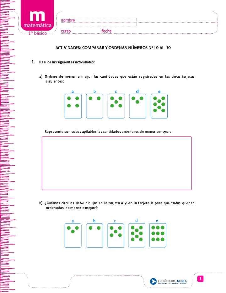 Comparar y ordenar números del 0 al 10
