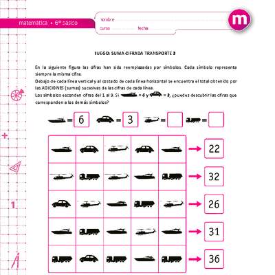 Juego: suma cifrada transporte 3