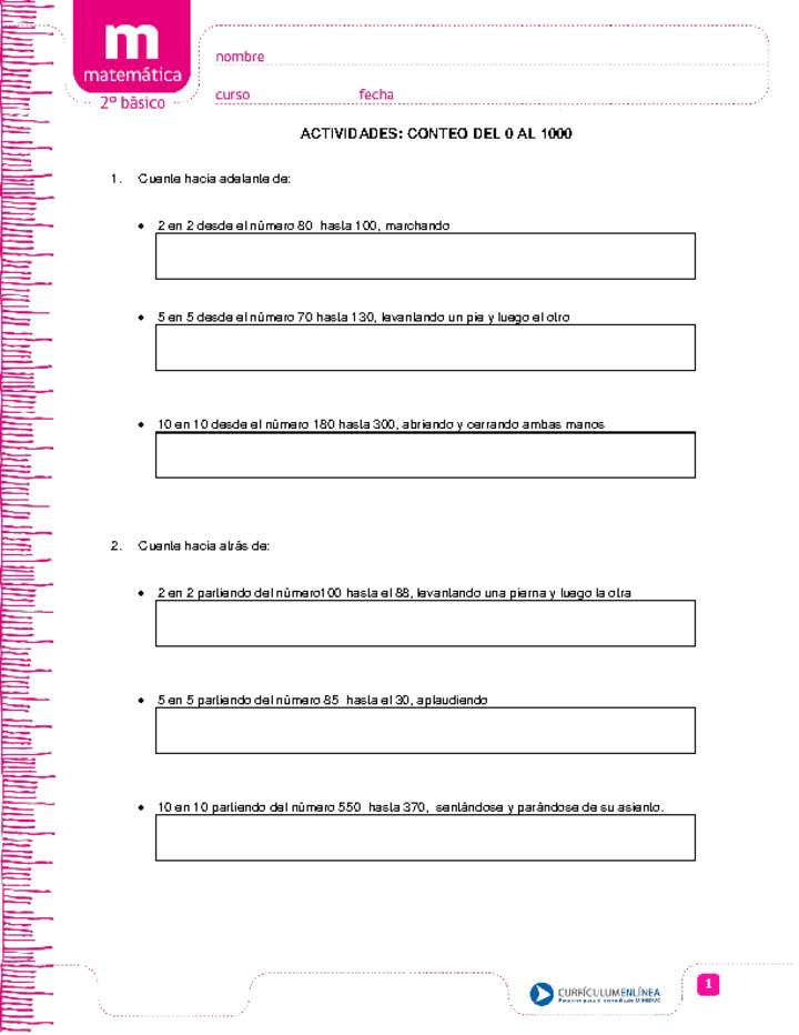 Actividades De Conteo Del 0 Al 1000 Curriculum Nacional Mineduc