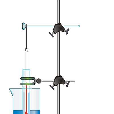Líquido en trípode con termómetro