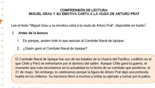 Comprensión de lectura: Miguel Grau y su emotiva carta a la viuda de Arturo Prat