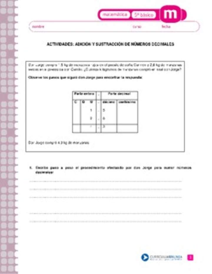 Adición y sustracción de números decimales