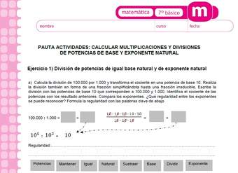 Calcular multiplicaciones y divisiones de potencias de base y exponente natural