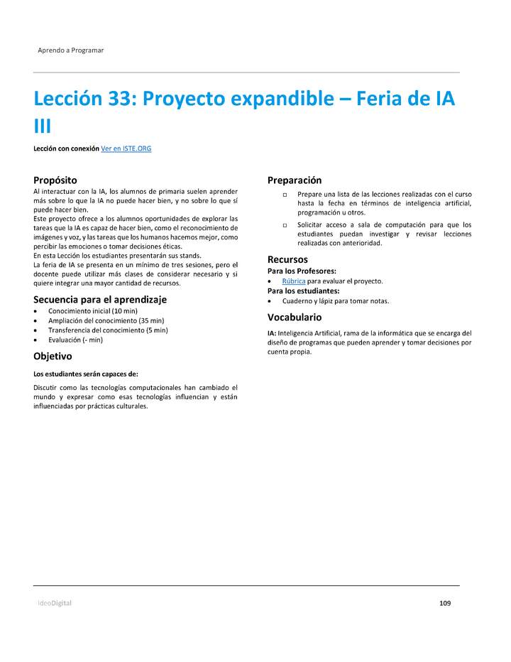 Unidad 4 - Lección 33: Proyecto expandible – Feria de IA III
