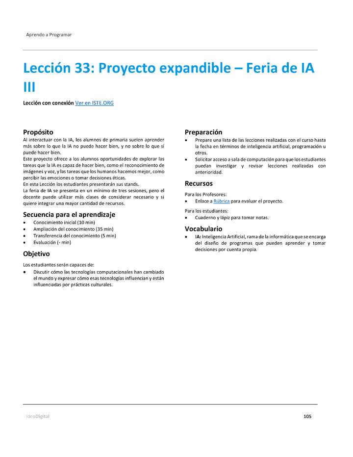 Unidad 4 - Lección 33: Proyecto expandible – Feria de IA III