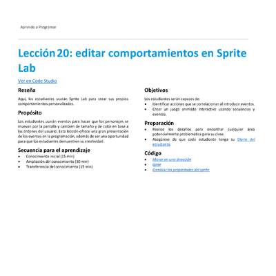 Unidad 3 - Lección 20: editar comportamientos en Sprite Lab