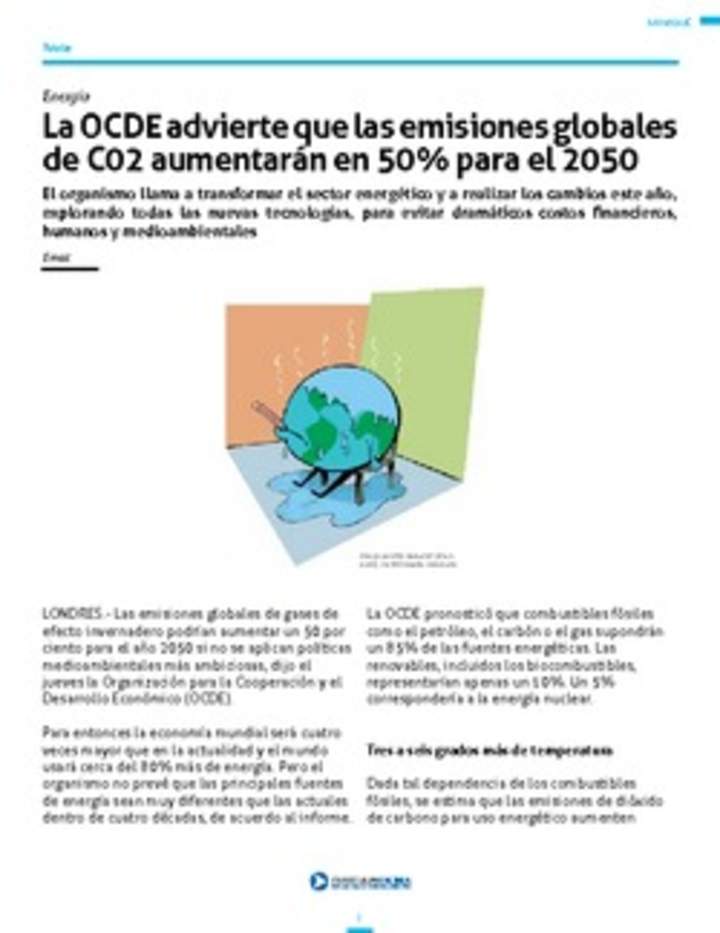 La OCDE advierte que las emisiones globales de CO2 aumentarán en 50% para el 2050