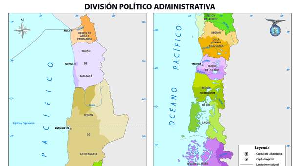 Mapa con la división política de Chile a color