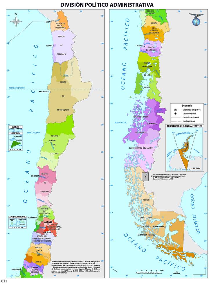 Mapa con la división política de Chile a color