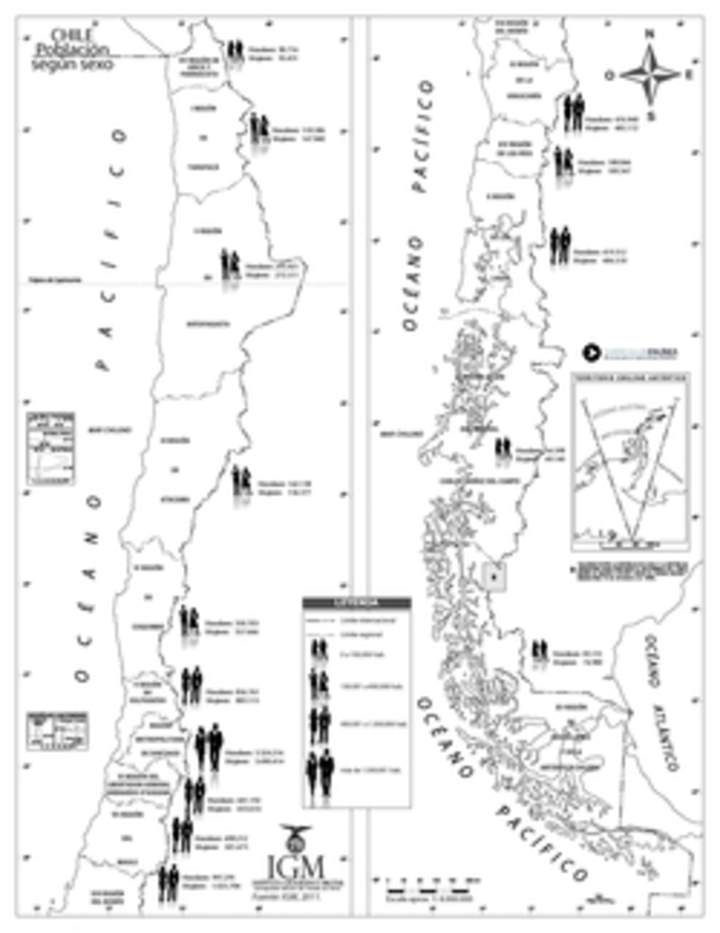 Mapa con la población de Chile según su sexo