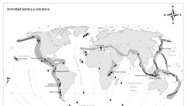Mapa actividad sísmica y volcánica del mundo en blanco y negro