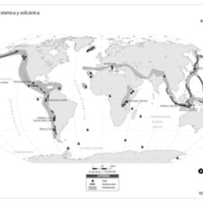 Mapa actividad sísmica y volcánica del mundo en blanco y negro