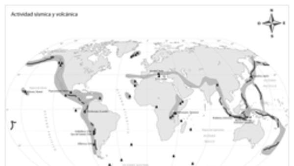 Mapa actividad sísmica y volcánica del mundo en blanco y negro